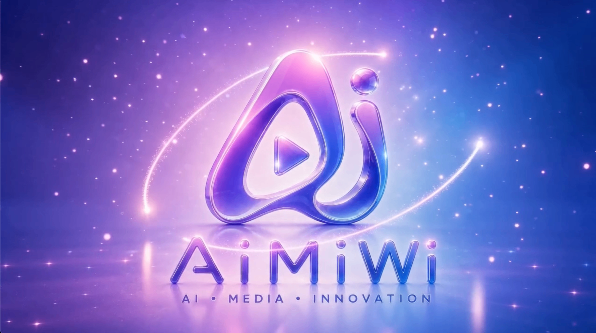 Logo 3D AiMiWi sur fond cosmique violet et bleu