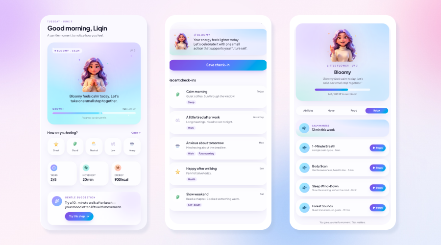 Écran Today de Bloomy avec le personnage compagnon et les mood buttons